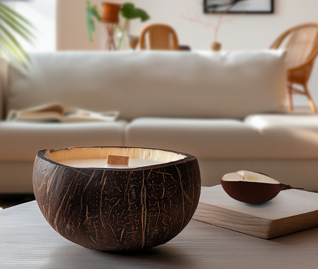 Bougie dans une noix de coco posée sur une table de salon