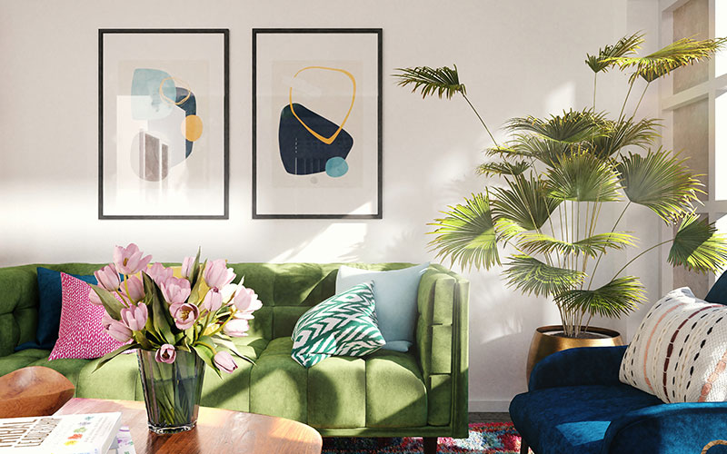 salon à la mode avec canapés vert et bleu et table en bois