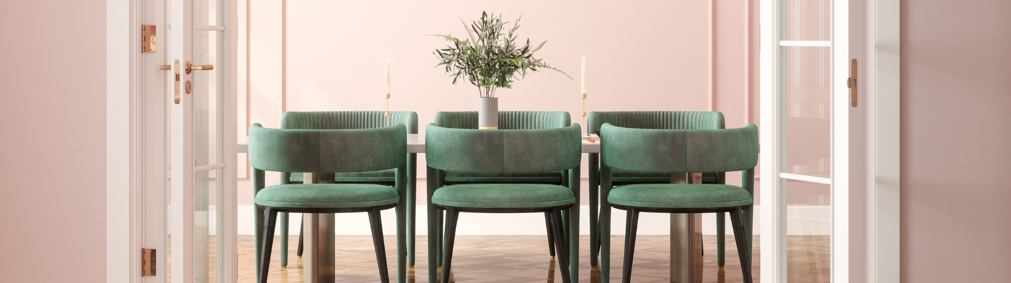 Salle à manger tendance rose et vert