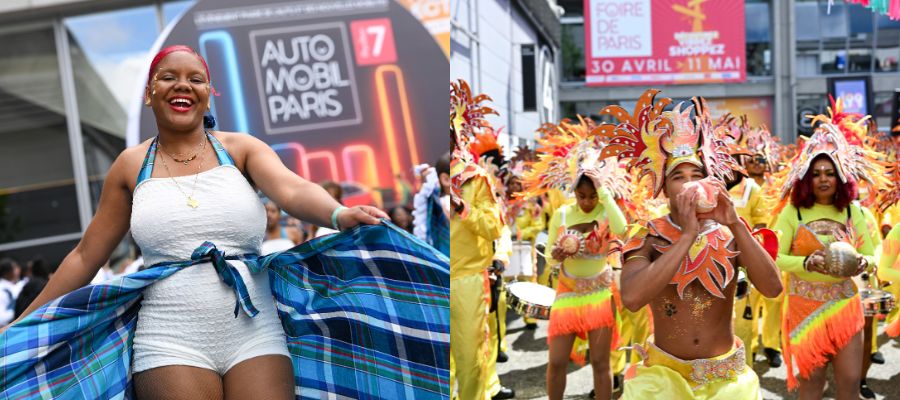 Deux scènes de carnaval à la Foire de Paris : à gauche, une femme souriante en tenue traditionnelle créole ; à droite, un groupe de danseurs en costumes
