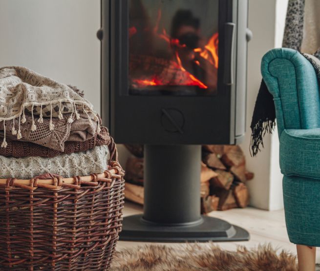 Interieur de maison avec poêle à bois