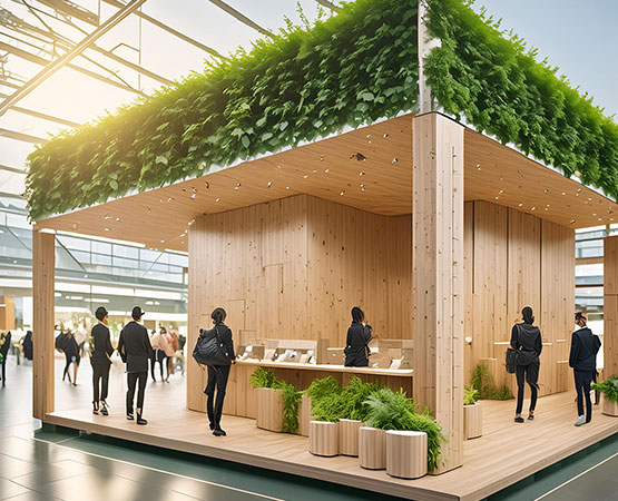 Image d’un stand éco conçu en bois clair dans un hall d’exposition